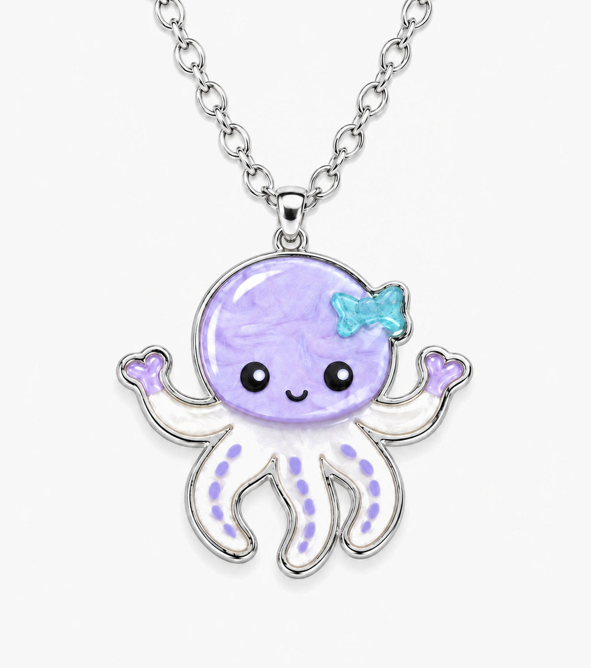 Lavender and white octopus pendant necklace with aqua accents and a silver-tone outline.