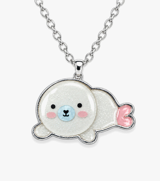 Pearly white seal pendant necklace with pale blue and pink details.