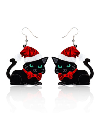 Cat with Santa Hat Earrings Christmas Statement Jewelry for Women