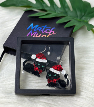 Cat with Santa Hat Earrings Christmas Statement Jewelry for Women