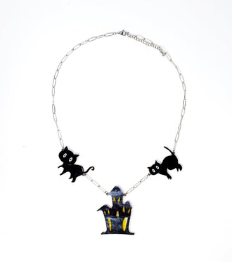 Cat Ghost House Necklace Acrylic Resin Halloween Statement Jewelry for Women