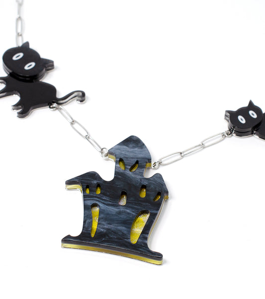 Cats And Haunted House Necklace
