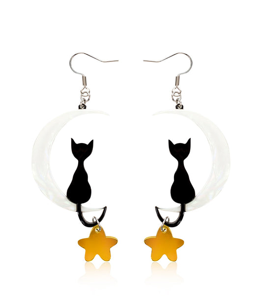 Cat on Moon Earrings Acrylic Resin Halloween Statement Jewelry for Women