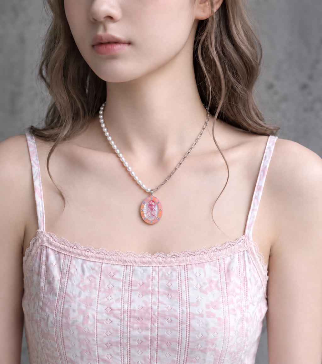 Jellyfish Glass Dome Necklace, model view