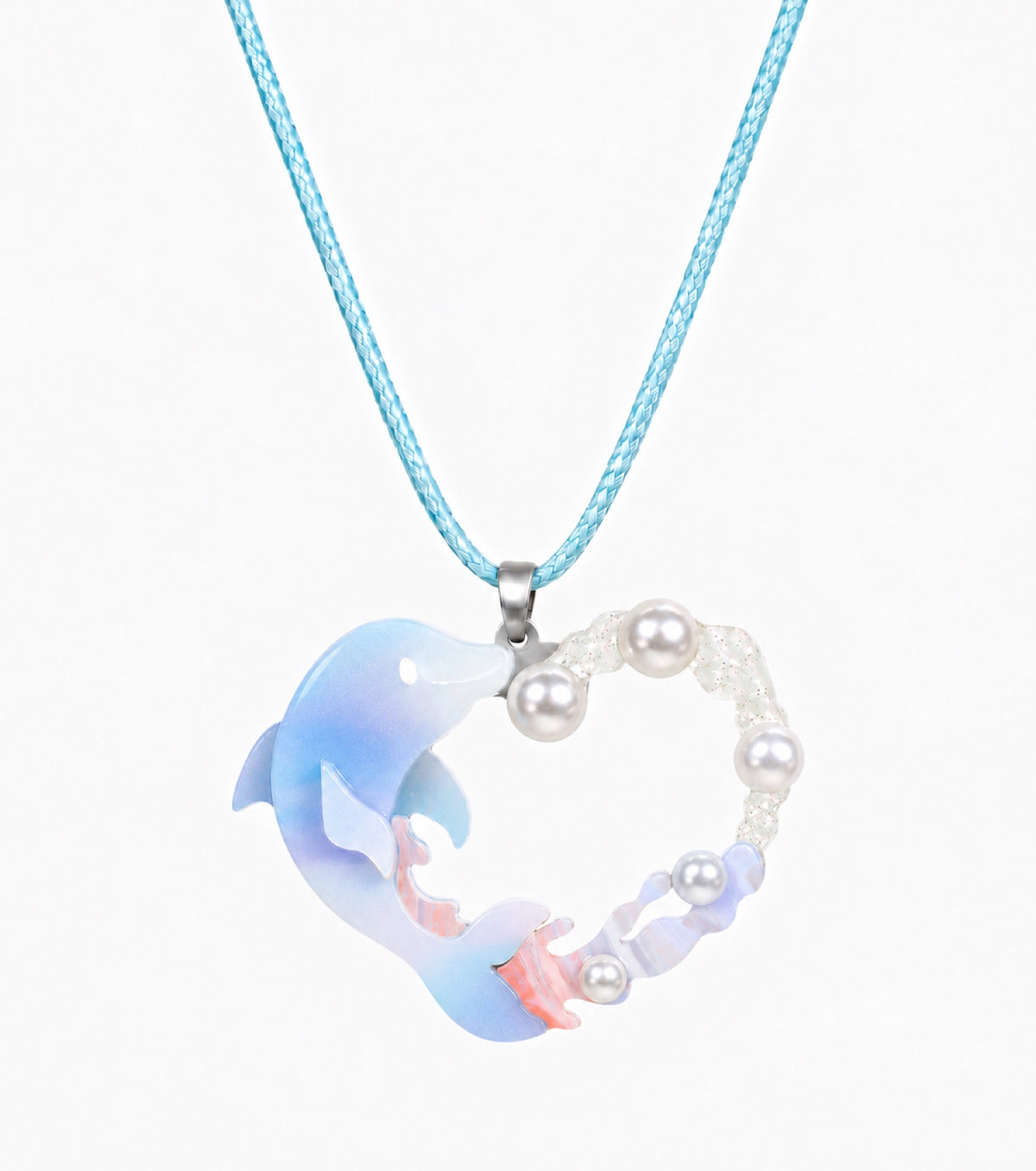 Two pale blue dolphins form a heart on a glossy pendant with blue cord.