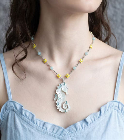 Glittering Cream Seahorse Necklace